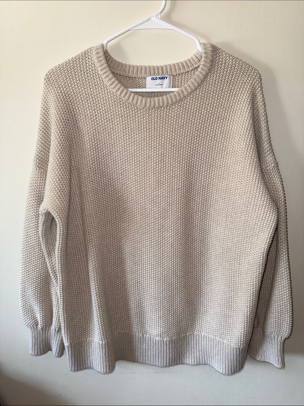 Old Navy women’s Beige Textured Crewneck Tunic length Chunky Sweater 100% cotton